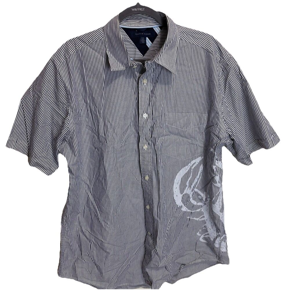 Tommy Hilfiger Men’s Short Sleeve Button Down Shirt Blue White Stripe Lobster Lg